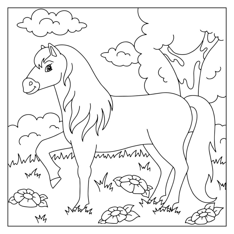 leuk paard. boerderijdier. kleurboekpagina voor kinderen. cartoon-stijl. vectorillustratie geïsoleerd op een witte achtergrond. vector