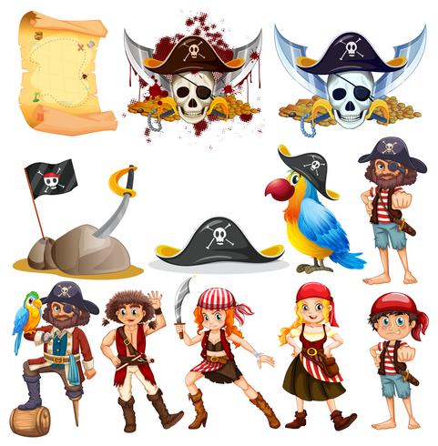 Verschillende piratenkarakters en piraten symbolen vector