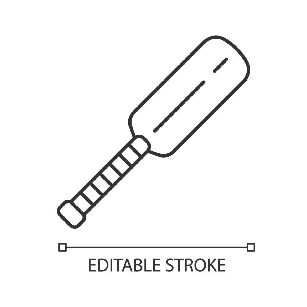 cricket bat lineaire pictogram. uitrusting voor batsmen. houten platte blok met lange steel. internationale sporten. dunne lijn illustratie. contour symbool. vector geïsoleerde overzichtstekening. bewerkbare streek