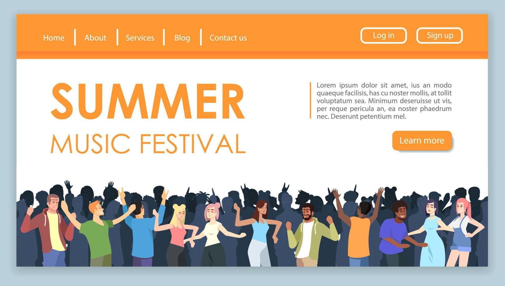 zomer muziekfestival bestemmingspagina vector sjabloon. pop sound fest website-interface idee met platte illustraties. open lucht leuke homepage lay-out. dansfeest webbanner, webpagina cartoon concept