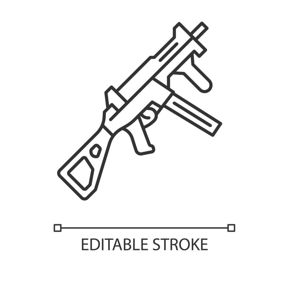 hk ump wapen lineaire pictogram. virtueel spelgeweer. schietspel geweer, blaster. cybersport militaire inventaris. dunne lijn illustratie. contour symbool. vector geïsoleerde overzichtstekening. bewerkbare streek