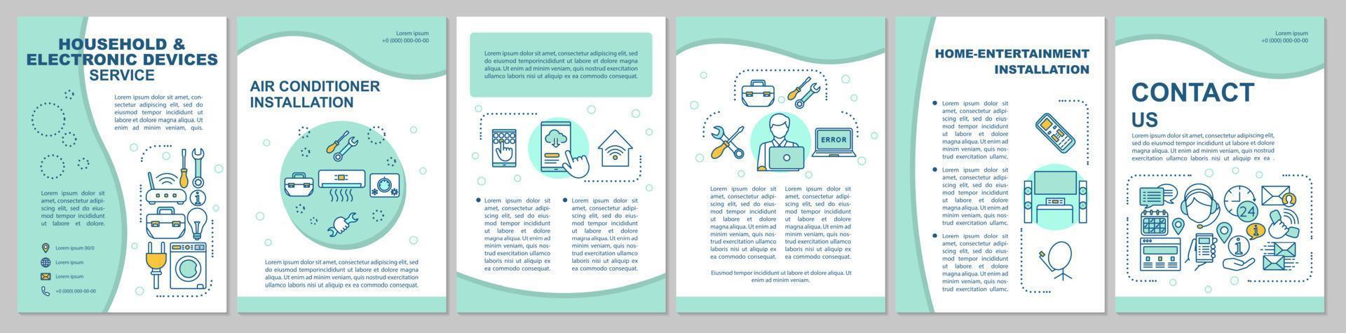 huishoudelijke en elektronische apparaten service brochure sjabloon lay-out. vectorpaginalay-outs voor tijdschrift, jaarverslagen, reclameposters. flyer, boekje, folder printontwerp met lineaire illustraties vector