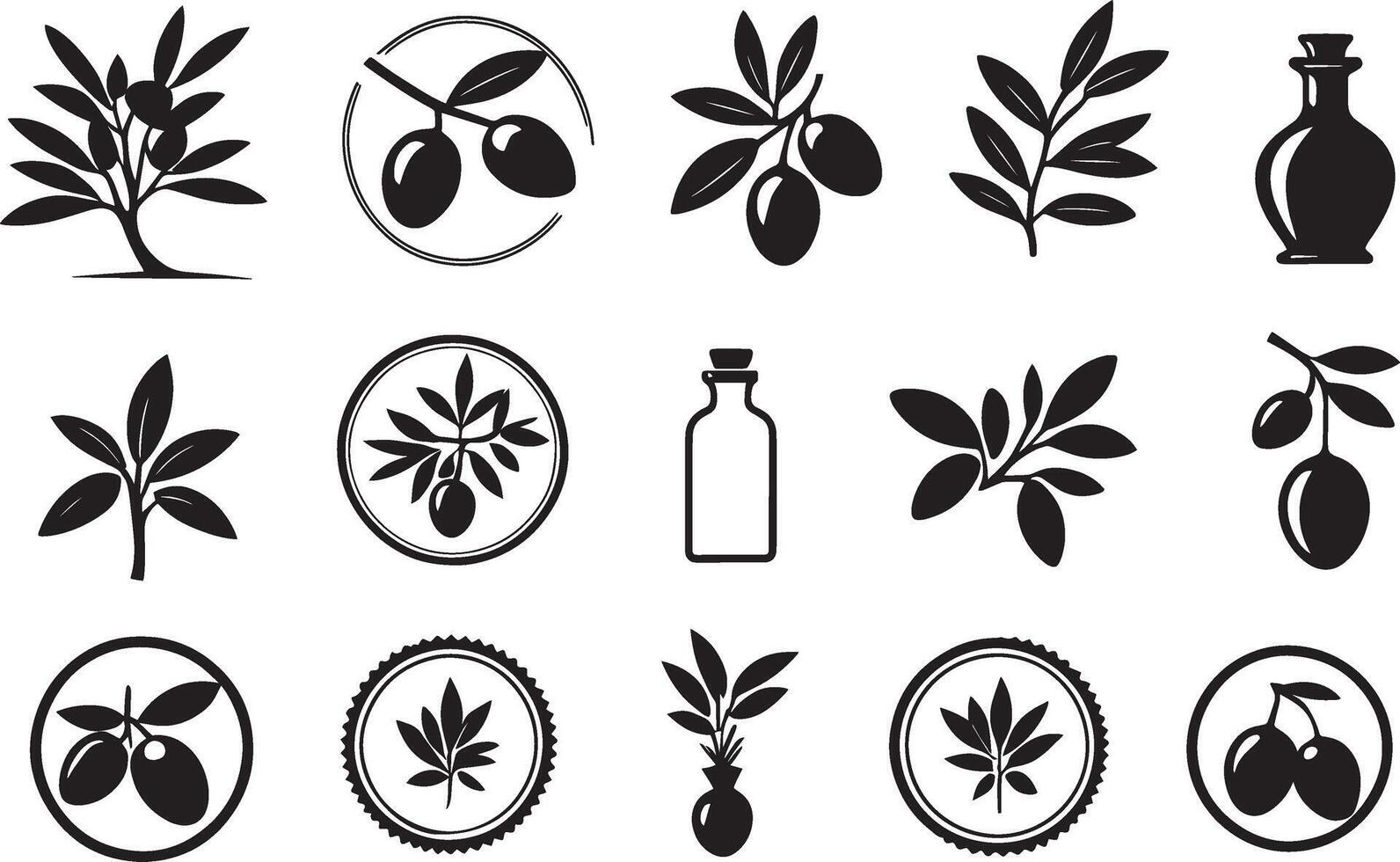 olijf- vector icoon, olie fles . middellandse Zee olijf- fruit, blad tak, zwart silhouetten geïsoleerd Aan wit achtergrond. voedsel illustratie
