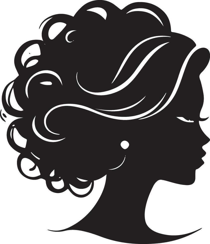 decoratief mode meisje voor schoonheid salon ontwerp. mooi vrouw silhouet. jong meisje met golvend dik haar. vector haar- stijl icoon