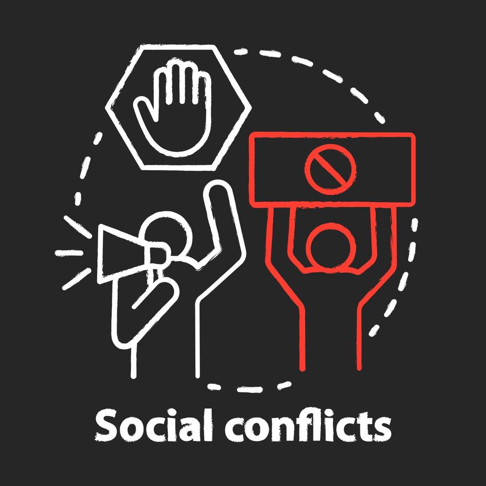 sociale conflicten en geschillen krijt concept icoon. antisociaal gedrag, geweld en onrust idee. oproer, staking, burgerprotest. vector geïsoleerde schoolbordillustratie