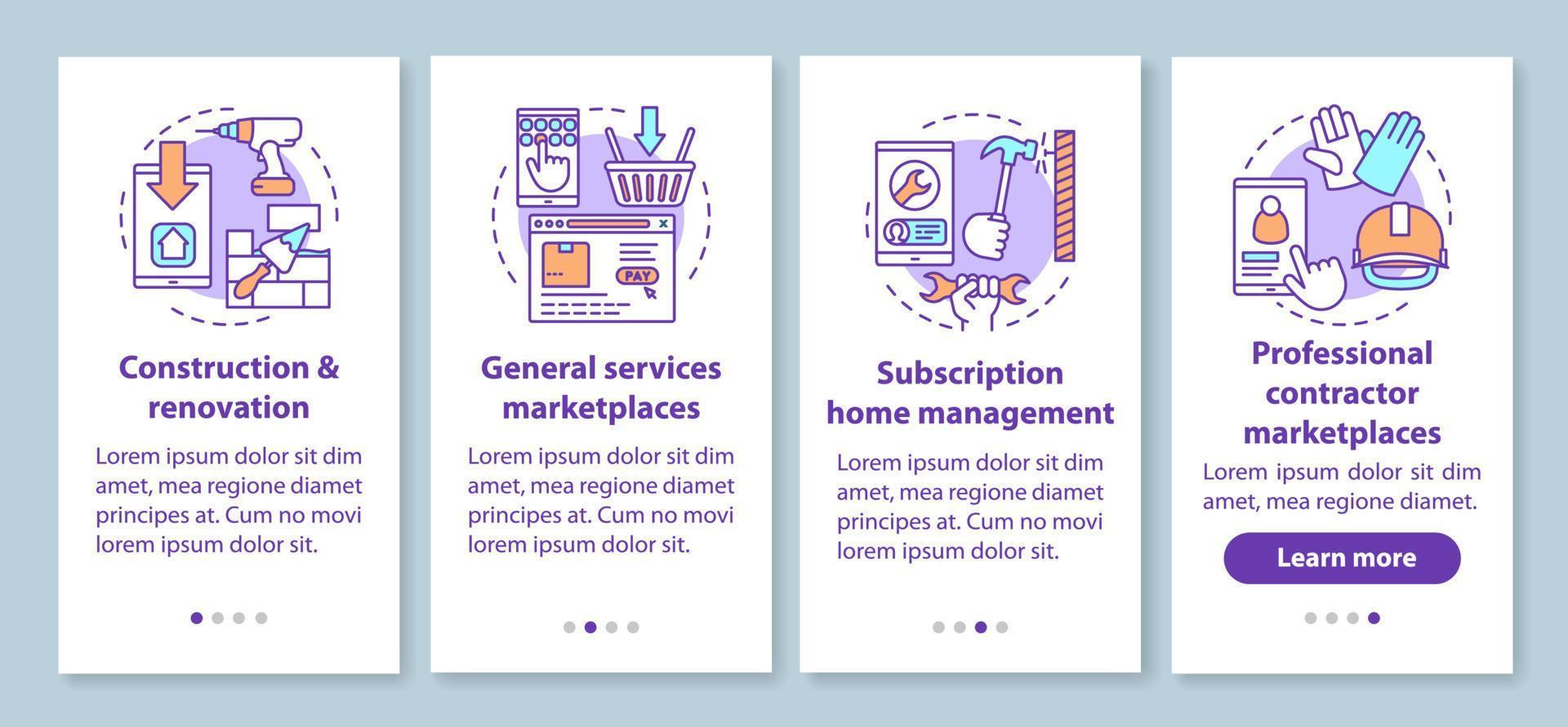 online marktplaatsen onboarding paginascherm voor mobiele apps met lineaire concepten. e-commerce, klantenservice walkthrough stappen grafische instructies. ux, ui, gui vectorsjabloon met illustraties vector