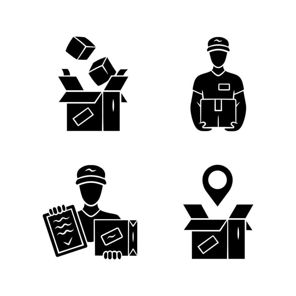 levering glyph pictogrammen instellen. pakketverpakking, bezorger, koerier, verzending en tracking van bestellingen. verzendservice. logistiek en distributie. silhouet symbolen. vector geïsoleerde illustratie