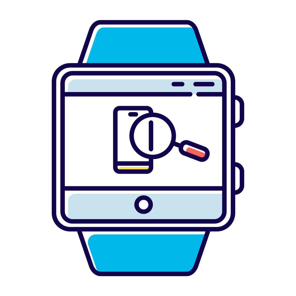 zoek telefoon smartwatch functie kleur icoon. met locatie van apparaat en vergrendelingsscherm, geluidswaarschuwing. fitness polsband mogelijkheid moderne apparaatfunctie. geïsoleerde vectorillustratie vector