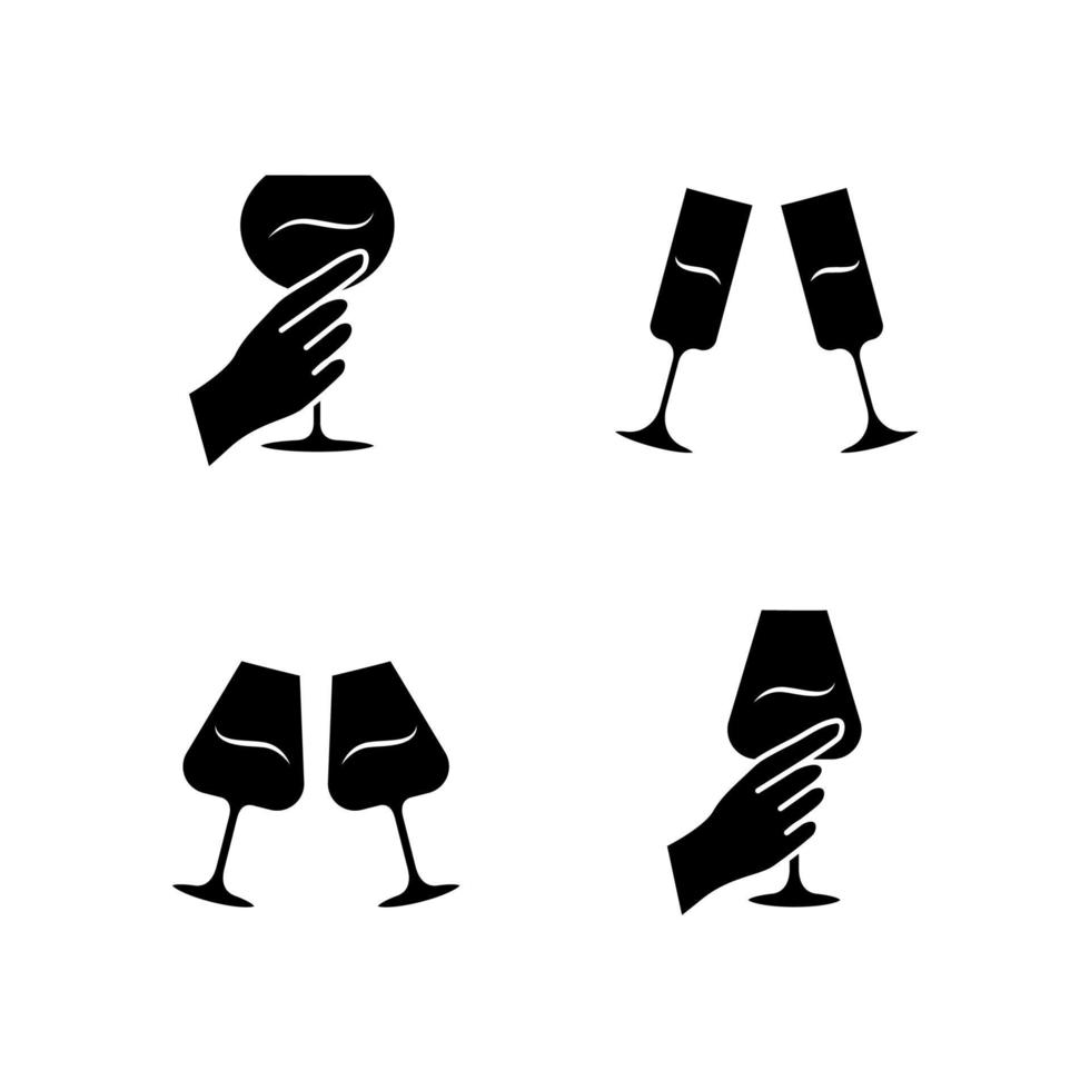 wijn service glyph pictogrammen instellen. rammelende wijnglazen. handen met alcoholische dranken. feest, feest. bruiloft. glaswerk, wijnmakerij. Proost. silhouet symbolen. vector geïsoleerde illustratie