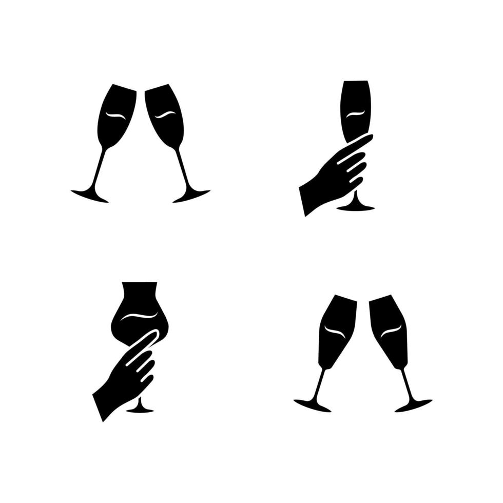 wijn service glyph pictogrammen instellen. rammelende champagneglazen. handen met alcoholische dranken. viering. bruiloft. proeven, degustatie. Proost. geroosterd brood. silhouet symbolen. vector geïsoleerde illustratie