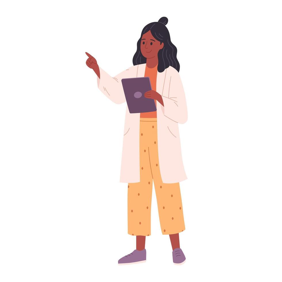 vrouw wetenschapper, dokter of bioloog in wit jas Holding digitaal tablet. dokter op zoek in de medisch kaart vector
