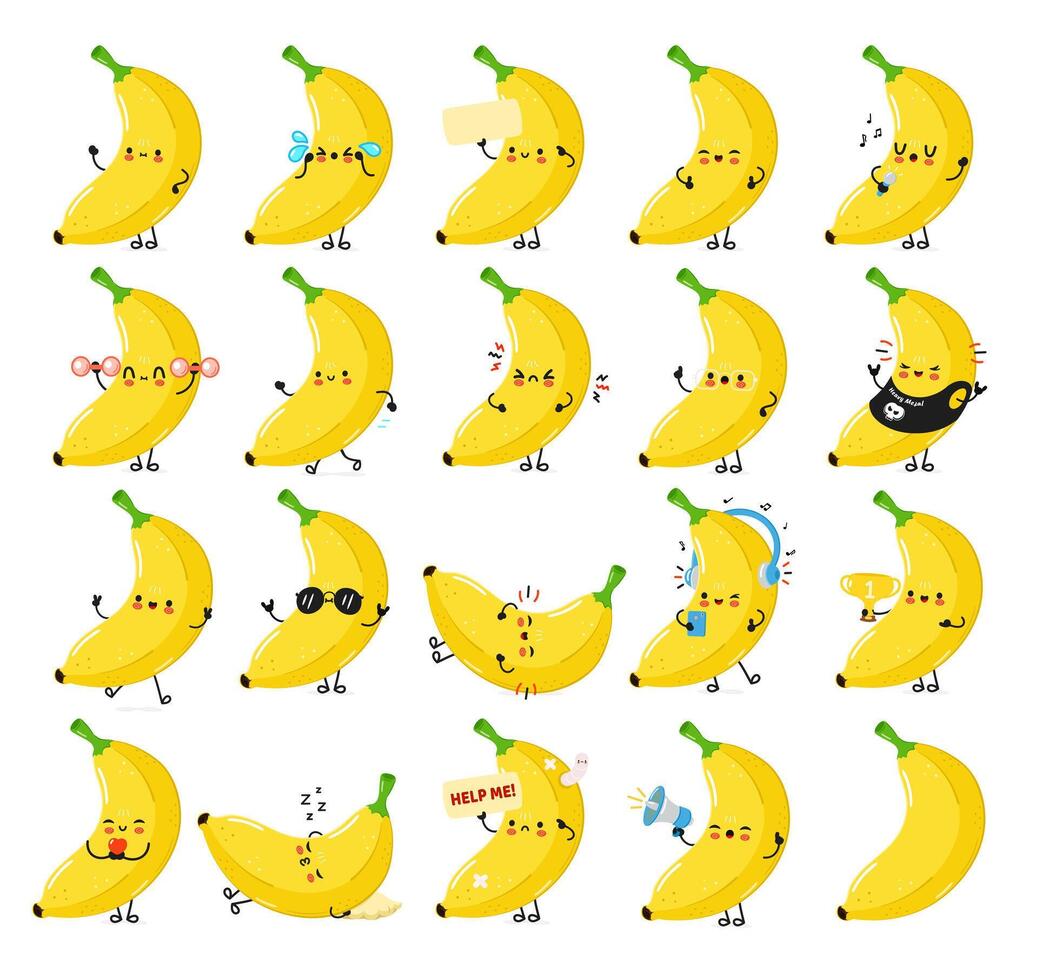 grappig banaan tekens bundel set. vector hand- getrokken tekening stijl tekenfilm karakter illustratie icoon ontwerp. schattig banaan mascotte karakter verzameling