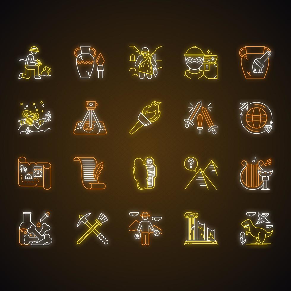 archeologie neonlicht pictogrammen instellen. onderzoeker bij opgravingen. artefacten. prehistorisch leven. verloren steden. oude cultuur. veldonderzoek. restauratie. geflambeerd. gloeiende borden. geïsoleerde vectorillustraties vector