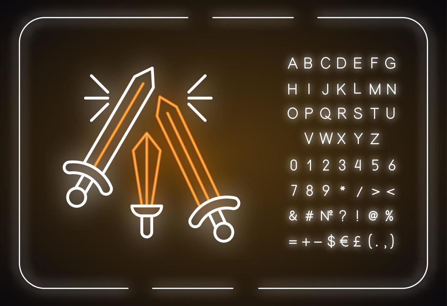 zwaardvechten neonlicht icoon. wapen botsen. strijd en oorlog. oude geschiedenis. langzwaarden en slagzwaarden. gloeiend bord met alfabet, cijfers en symbolen. vector geïsoleerde illustratie