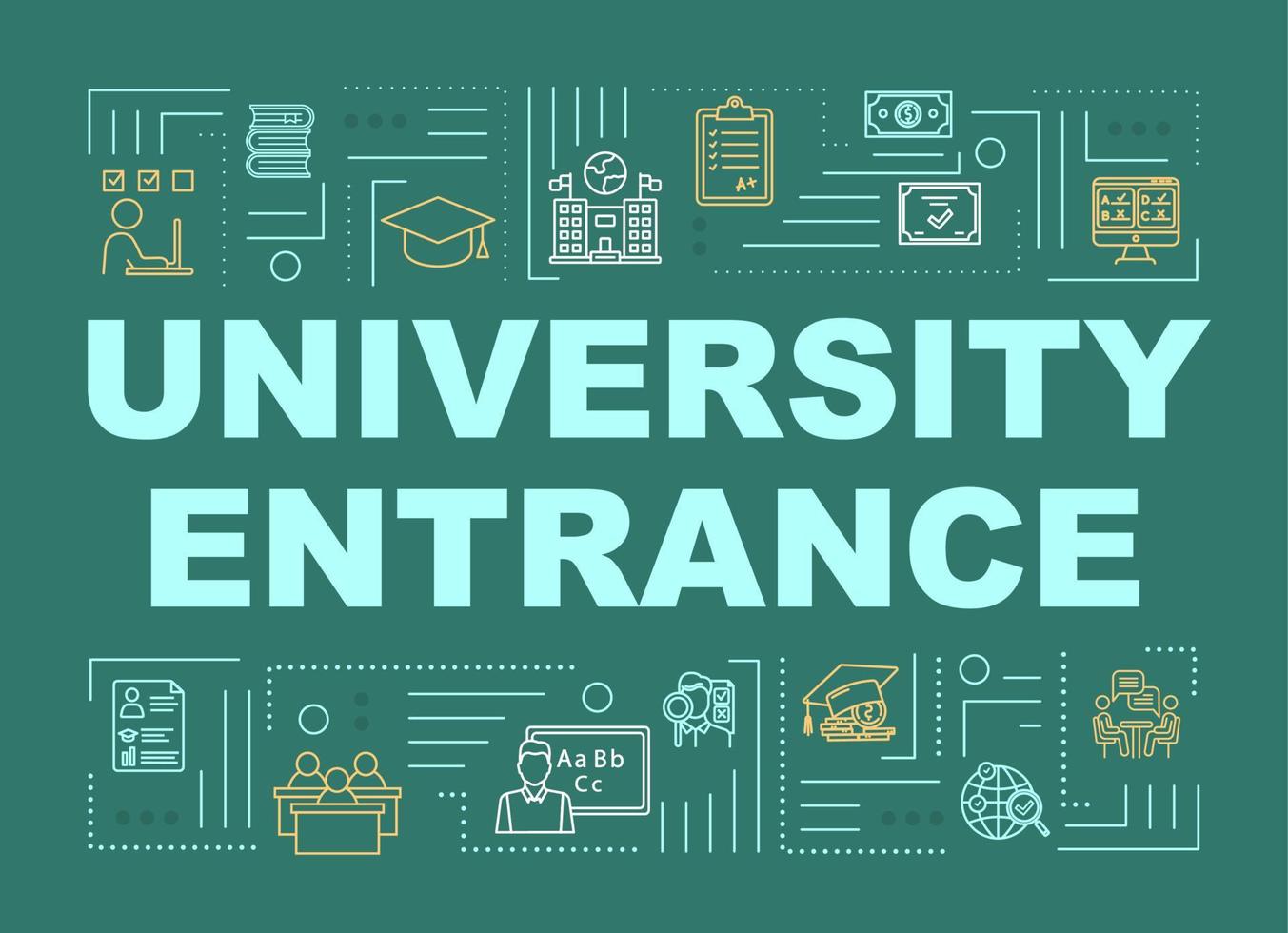 universitaire ingang woord concepten banner. academisch onderwijs. middelbare school studie. toelatingsexamen. presentatie, website. geïsoleerde belettering typografie idee met lineaire pictogrammen. vector overzicht illustratie