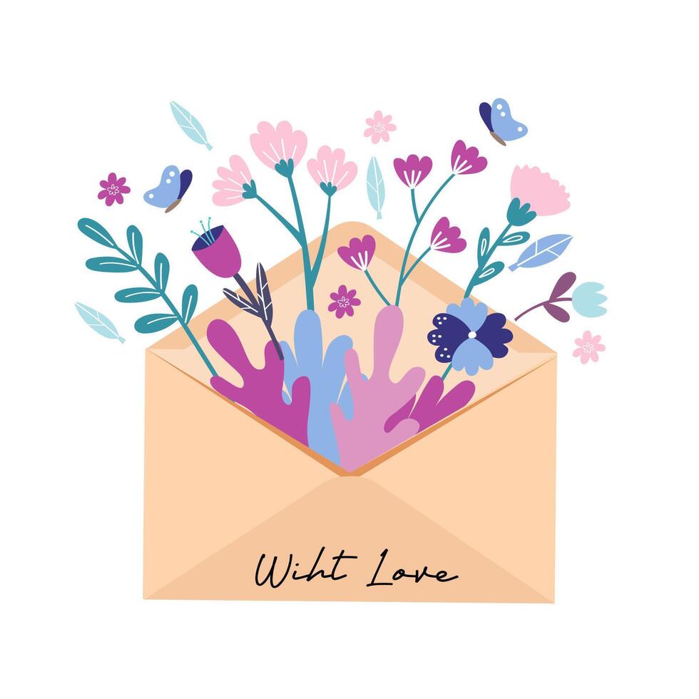 voorjaar lila en Purper bloemen in envelop. romantisch bericht met liefde. vector feestelijk voorjaar groet kaart.