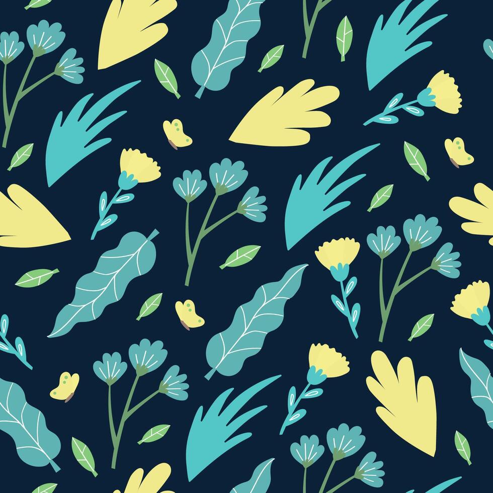 vector bloemen patroon in tekening stijl met geel en blauw bloemen en vlinders. voorjaar bloemen modern achtergrond.