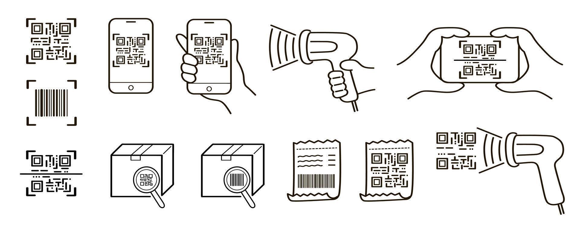 qr code scannen tekening pictogrammen set. vector illustraties voor afzet en elektronisch handel.