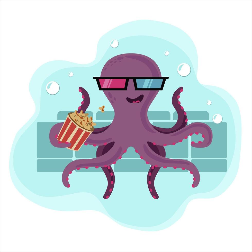 vrolijk Purper Octopus in bioscoop aan het eten popcorn - vector illustratie