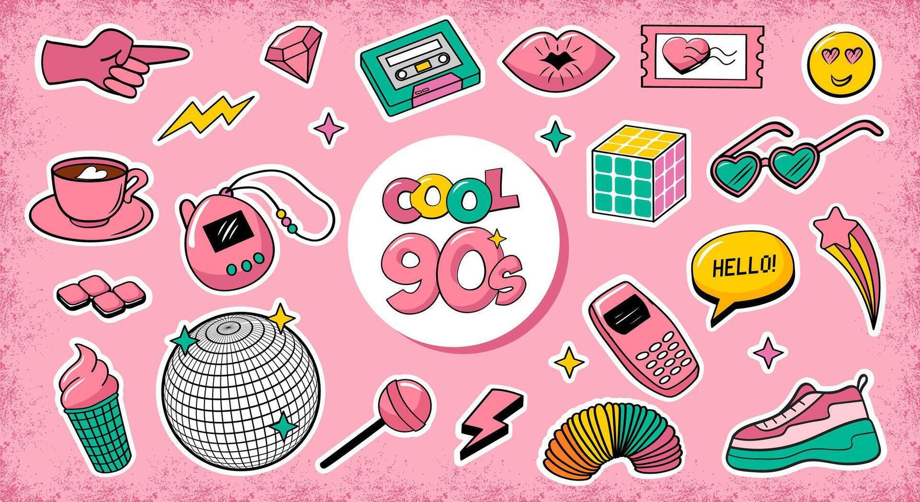 90s schattig elementen verzameling. vector reeks van retro stickers Aan roze achtergrond.