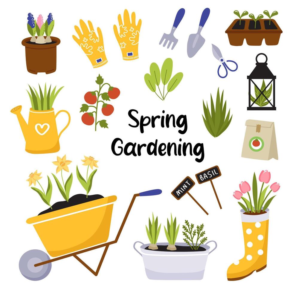 voorjaar tuinieren reeks van elementen. tuinieren hulpmiddelen, planten, bloemen, accessoires. vector