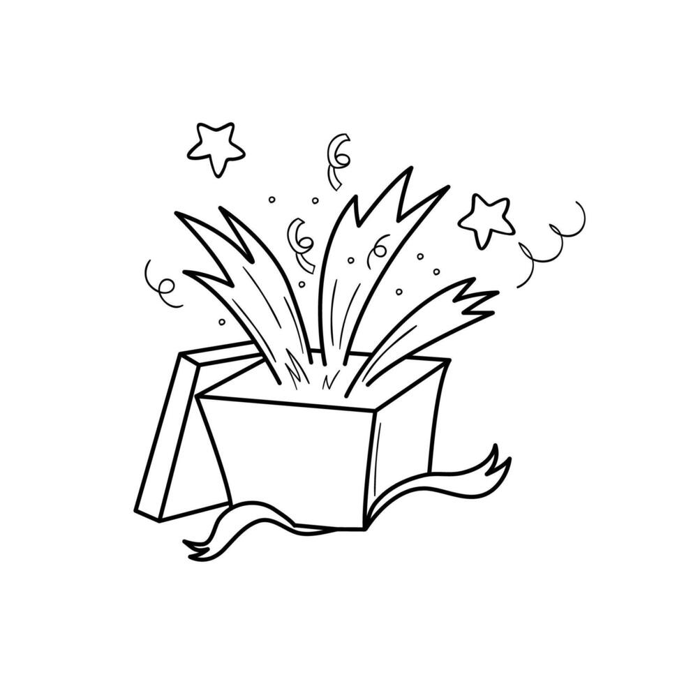 Open geschenk met een verrassing. prijs tekening. explosie, confetti, sterren. winnen. vector illustratie in tekening stijl Aan wit achtergrond.
