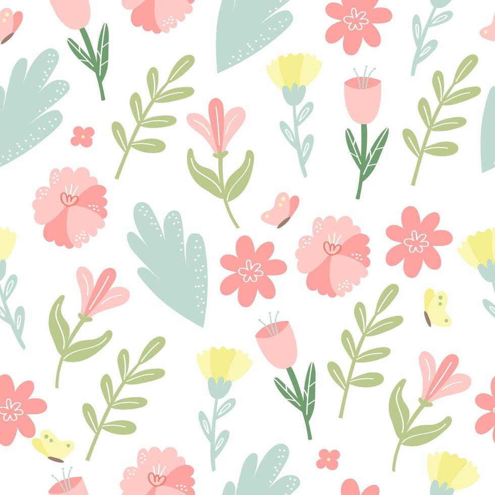 vector bloemen patroon in tekening stijl met bloemen en bladeren. delicaat, voorjaar bloemen achtergrond.