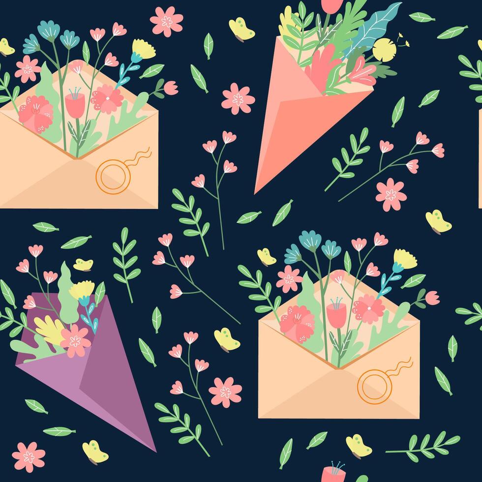 vector bloemen patroon in tekening stijl met vakantie enveloppen en boeketten van bloemen. voorjaar bloemen modern achtergrond.