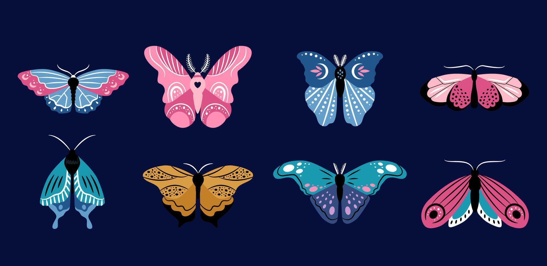 mooi vlinders van verschillend vormen Aan een donker blauw achtergrond. vector kleurrijk reeks van illustraties voor de ontwerp van verpakking, kaarten, patronen.