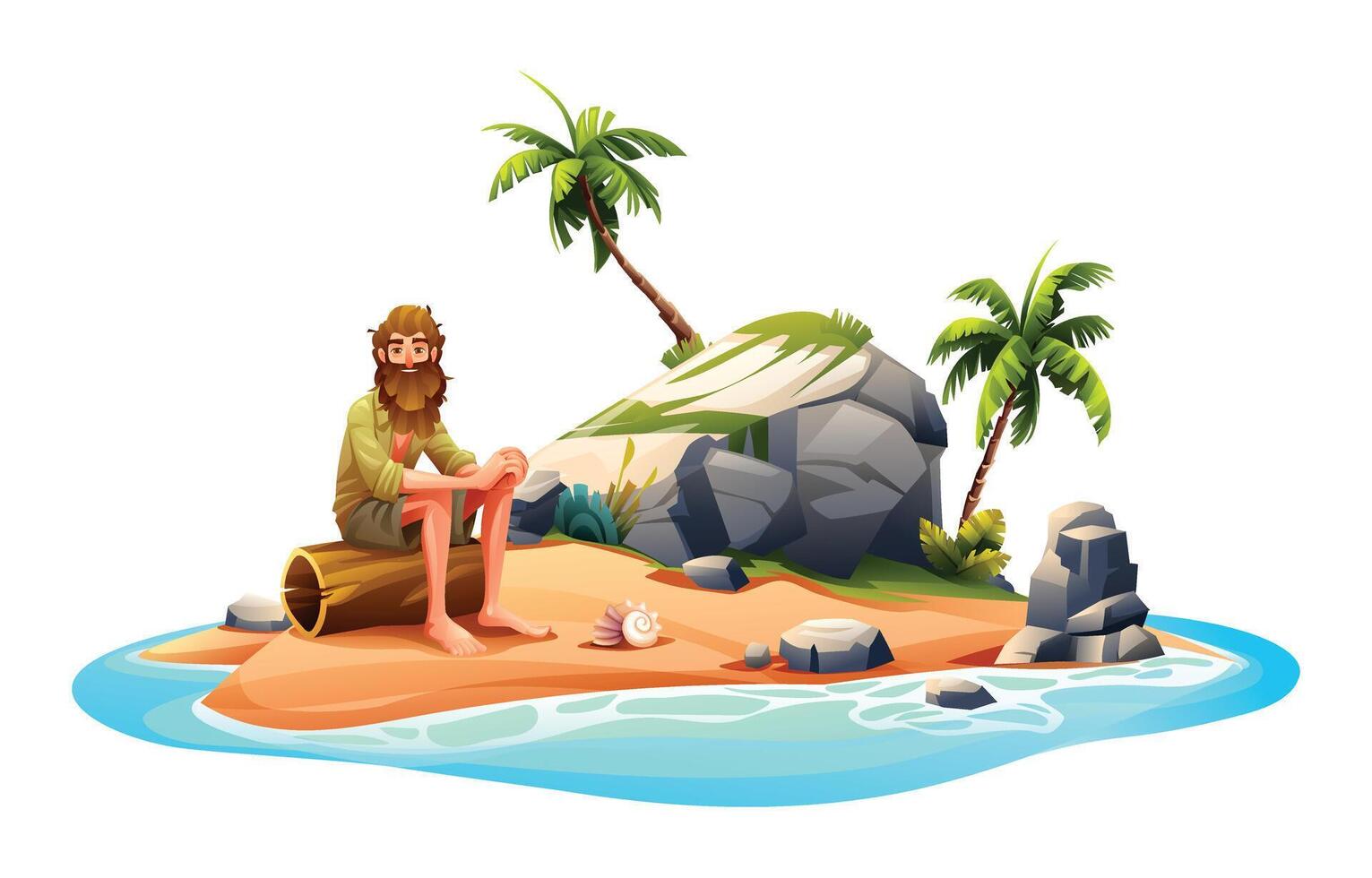verstoten Mens Aan woestijn eiland met palm bomen en rotsen. vector tekenfilm illustratie