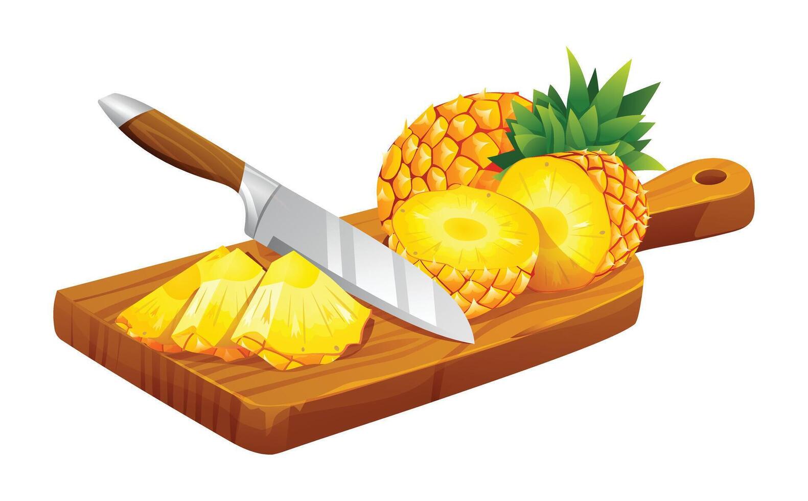 gesneden ananas met mes Aan houten snijdend bord. vector illustratie geïsoleerd Aan wit achtergrond
