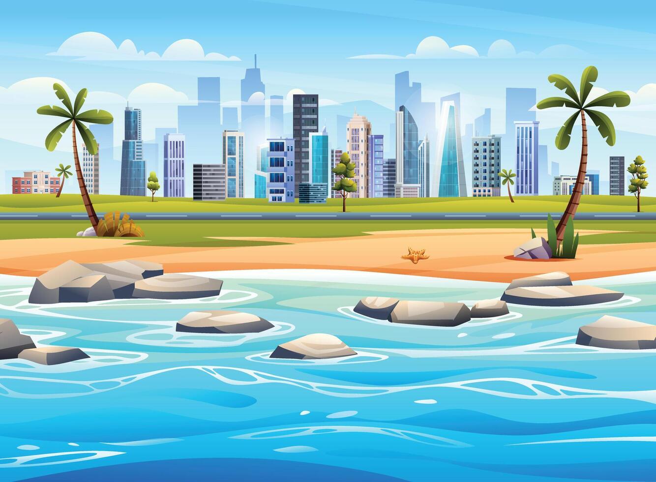 oceaan strand panorama met rotsen Aan de kust en stadsgezicht visie. tropisch strand met stad landschap achtergrond tekenfilm illustratie vector