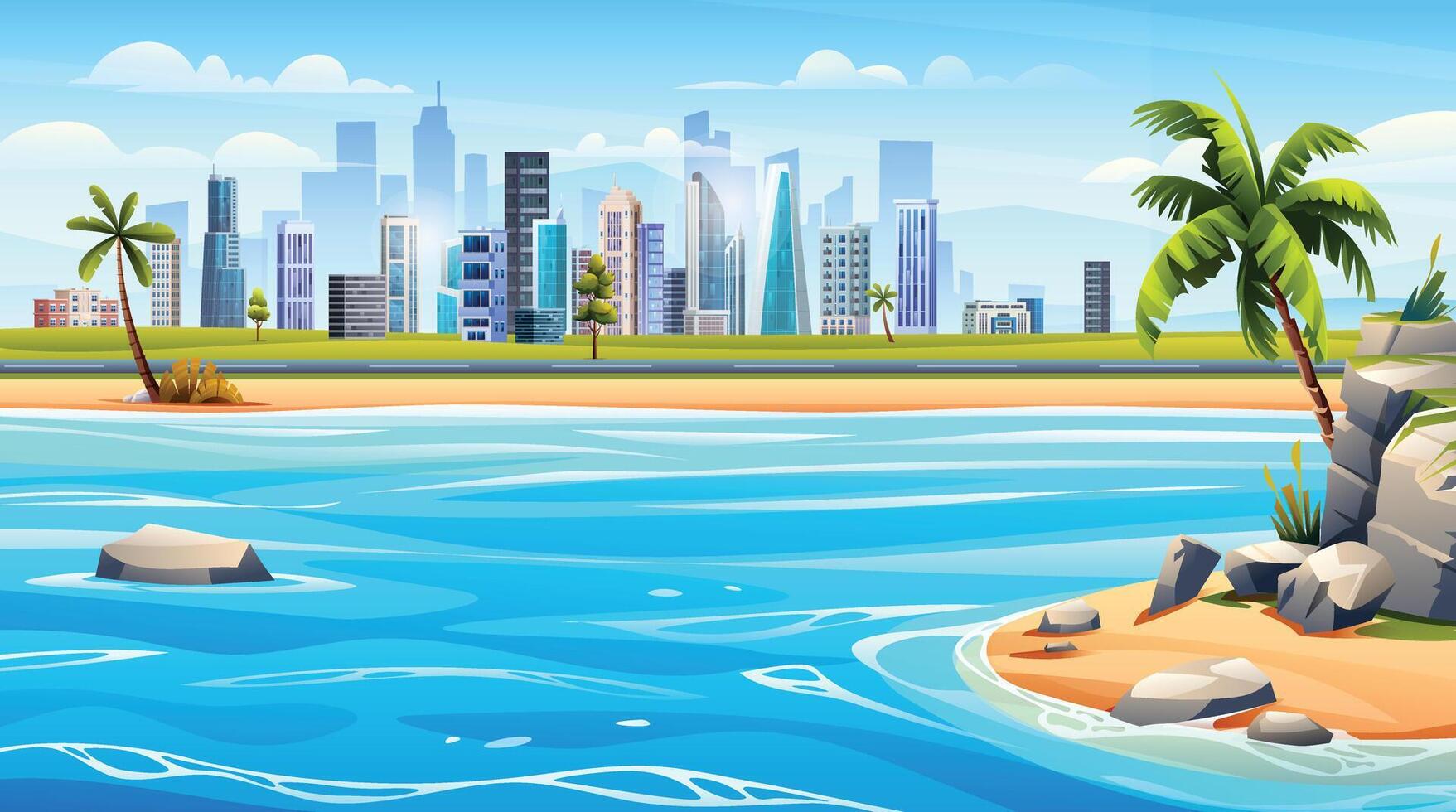oceaan strand panorama met klein eiland en stadsgezicht visie. tropisch strand landschap vector tekenfilm illustratie
