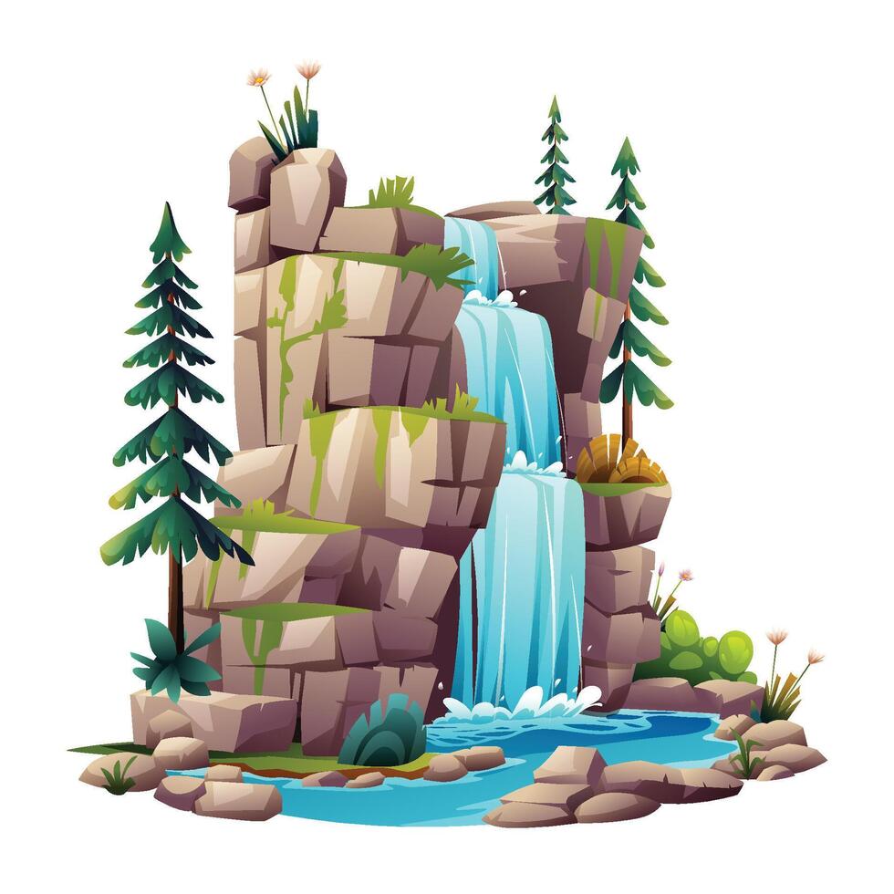 waterval Aan berg rotsen illustratie. vector tekenfilm geïsoleerd Aan wit achtergrond