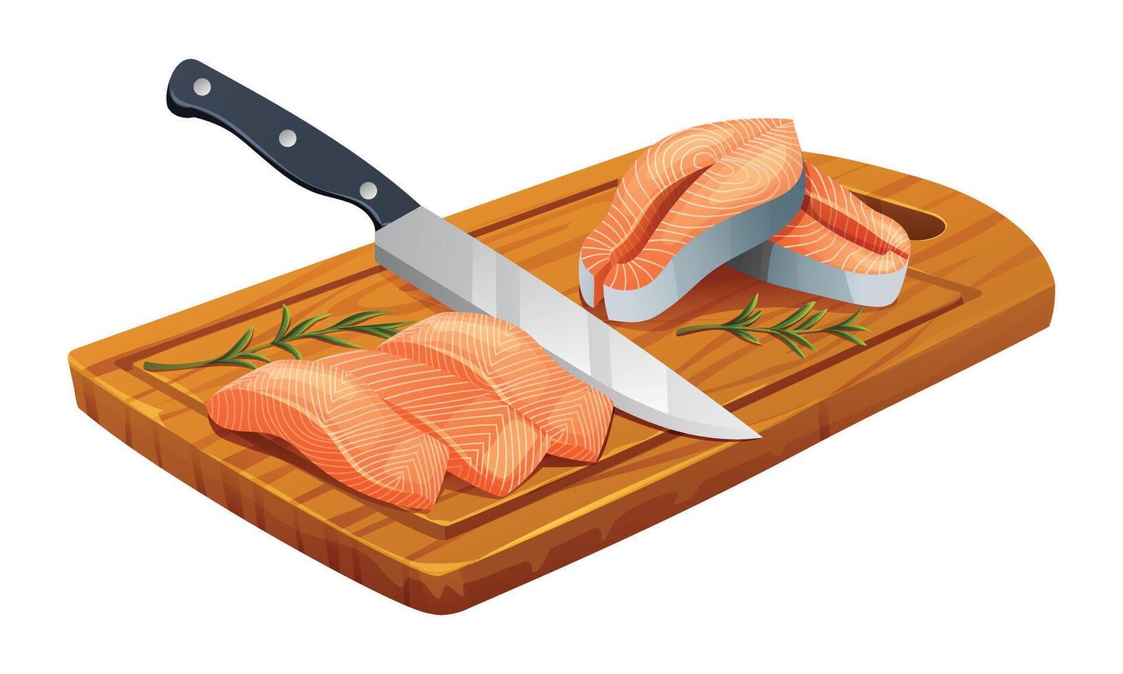 vers rauw Zalm vis filets en steaks met mes Aan snijdend bord. vector illustratie geïsoleerd Aan wit achtergrond