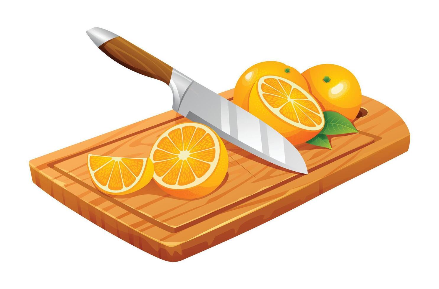 vers geheel, voor de helft en besnoeiing plakjes oranje fruit met mes Aan snijdend bord. vector illustratie geïsoleerd Aan wit achtergrond