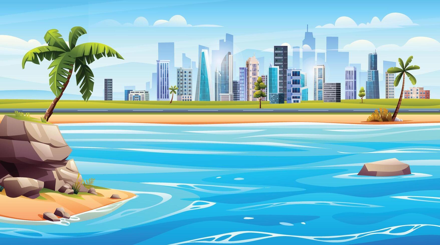 oceaan strand panorama met klein eiland en stadsgezicht visie. tropisch strand met stad landschap achtergrond tekenfilm illustratie vector
