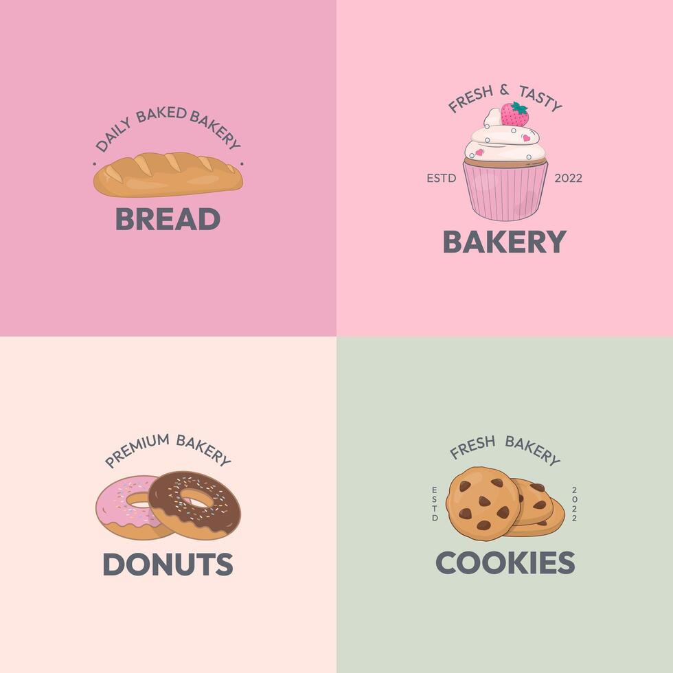 reeks van bakkerij logo met hand- getrokken en minimaal stijl vector