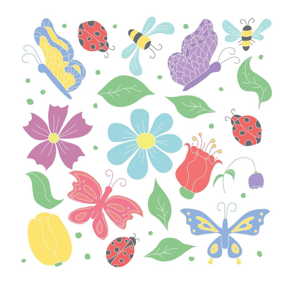 voorjaar bloemen illustratie met bloemen, vlinders, bijen en lieveheersbeestjes. tekening bloemen achtergrond vector