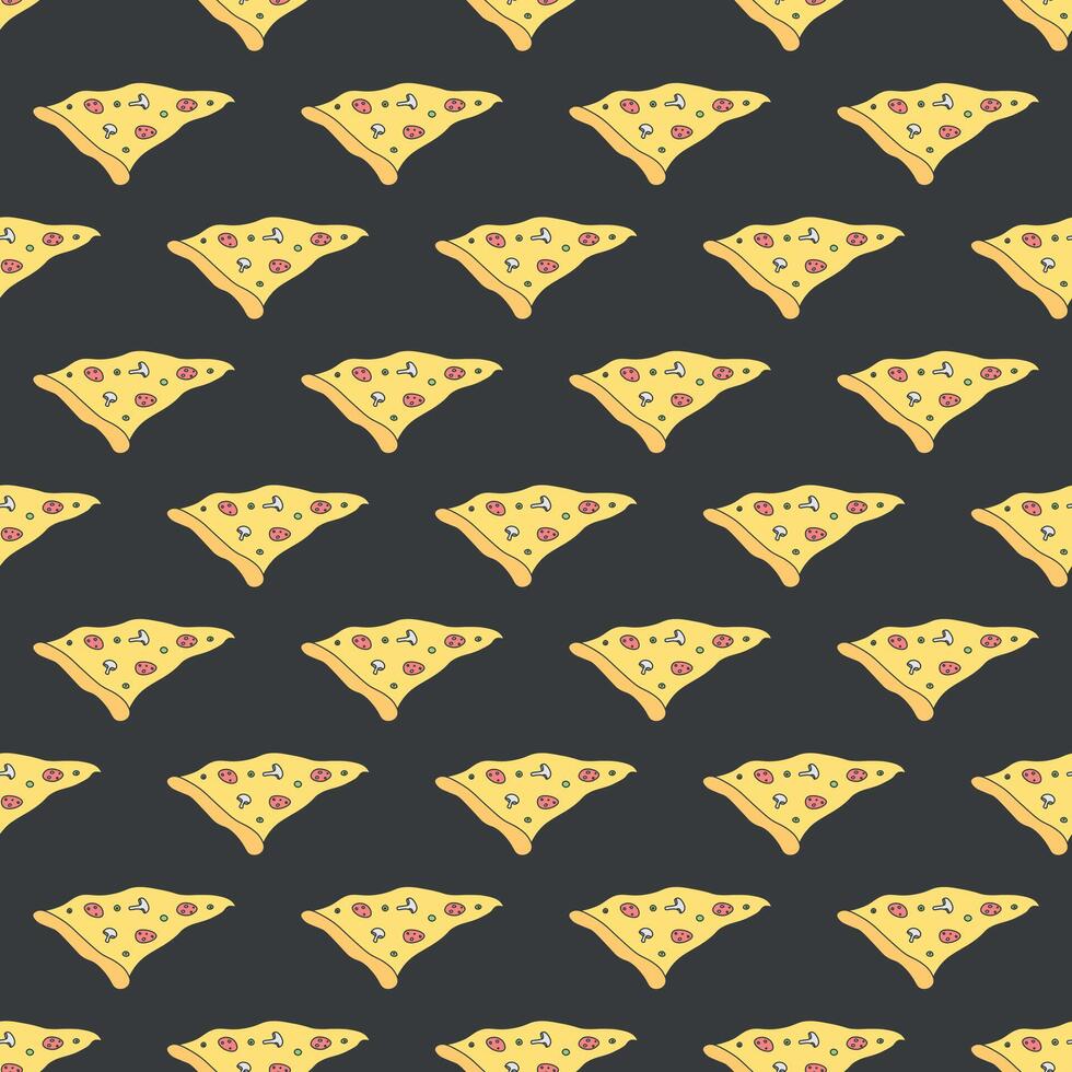 naadloos pizzapatroon. zwart-witte pizzaachtergrond. doodle pizza vectorillustratie. fastfood vector patroon