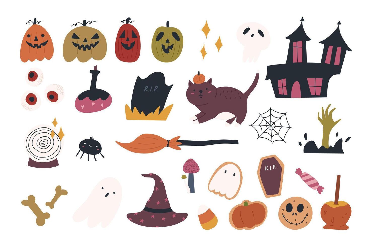 reeks van schattig halloween elementen - hand- getrokken vlak vector illustratie geïsoleerd Aan wit achtergrond. spookachtig herfst stickers van pompoen, achtervolgd huis, kat, schedel en graf.