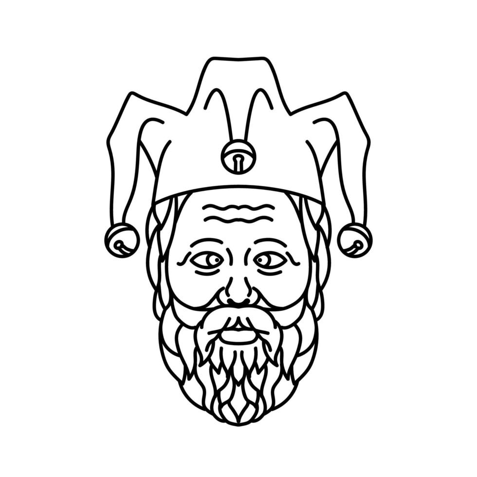 hoofd van schele oude hofnar of dwaas met baard mono lijn illustratie zwart-wit vector