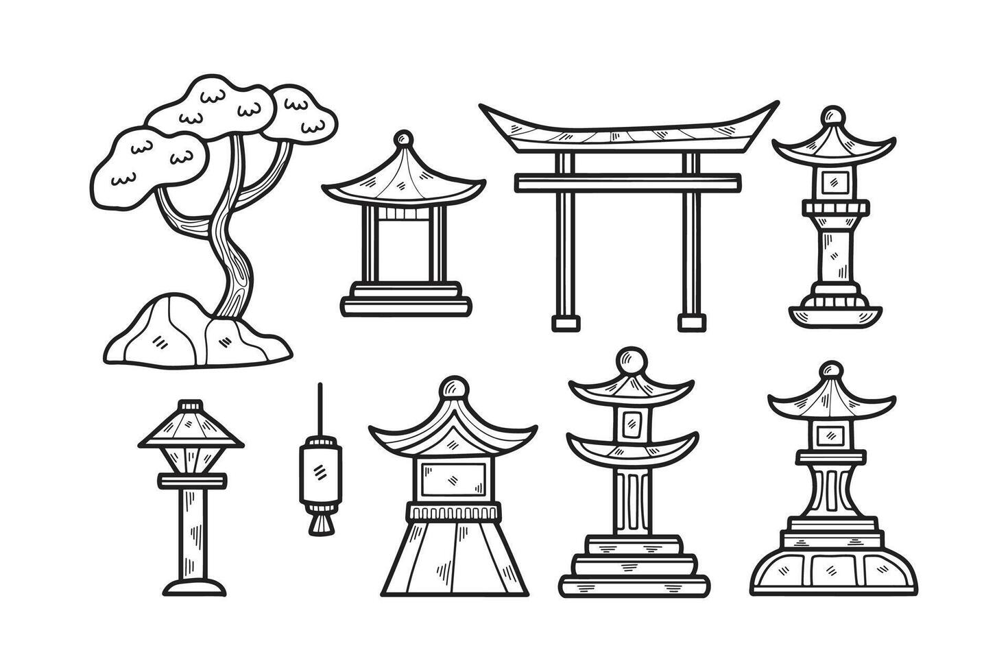 hand- getrokken Japans en Chinese stijl paviljoens of pagodes in vlak stijl vector