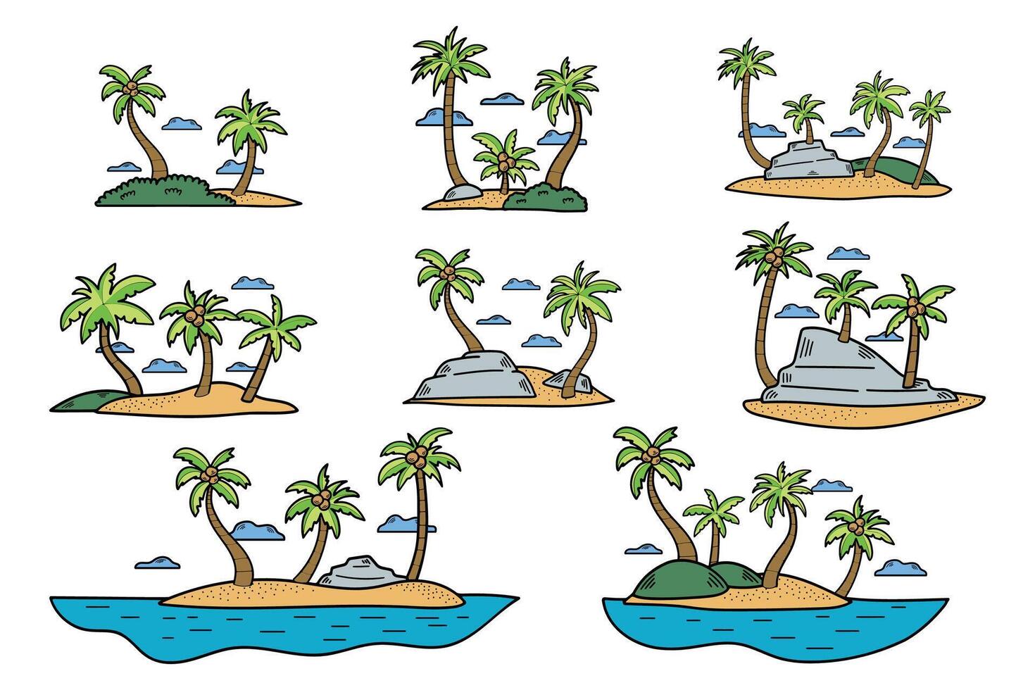 hand- getrokken kokosnoot boom in de midden- van de zee in vlak stijl vector