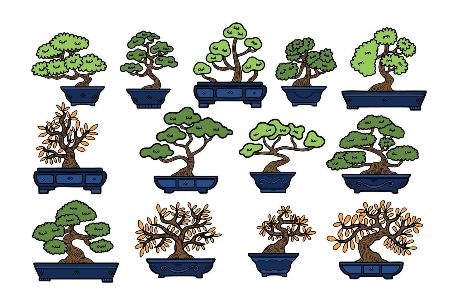 hand- getrokken Japans en Chinese stijl bonsai bomen in vlak stijl vector