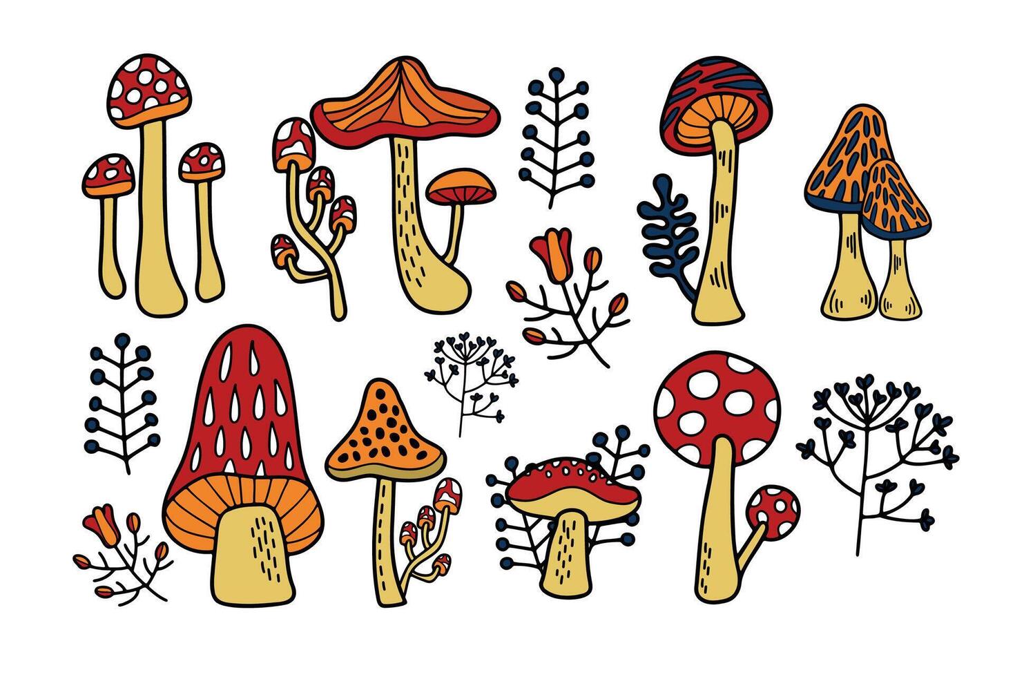 hand- getrokken champignons of giftig champignons in vlak stijl vector