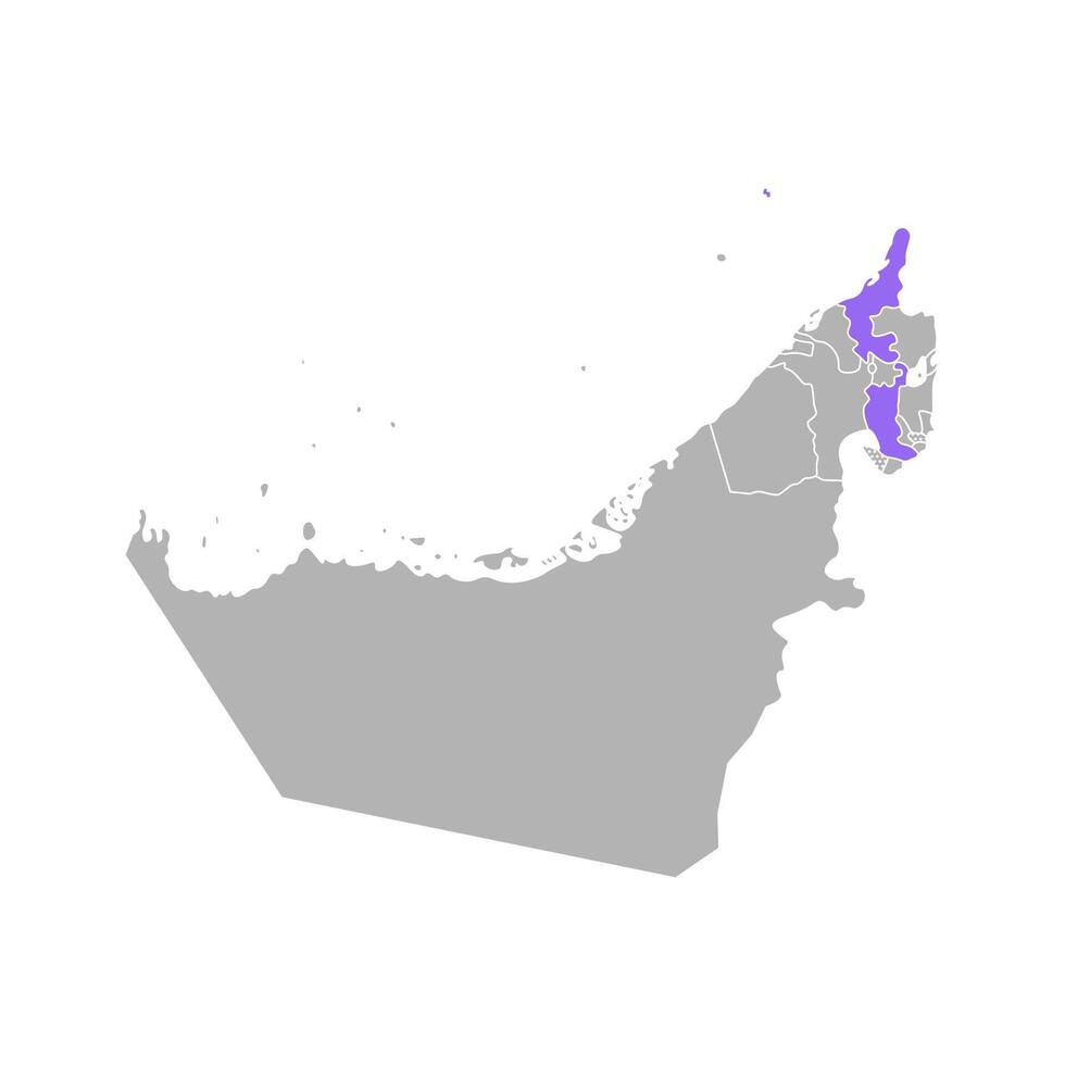 vector geïsoleerd vereenvoudigd kleurrijk illustratie met grijs silhouet van Verenigde Arabisch emiraten, vae, paars contour van al kaïma regio en wit schets van emiraten grenzen. wit achtergrond