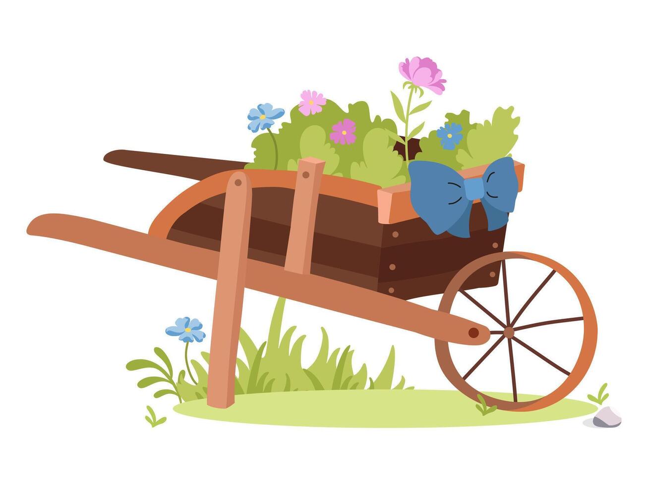tuin decoratief kruiwagen. voorjaar vakantie versierd kar. voorjaar landschap vector illustratie. mooi zo voor uitnodiging, ansichtkaart, sociaal media.