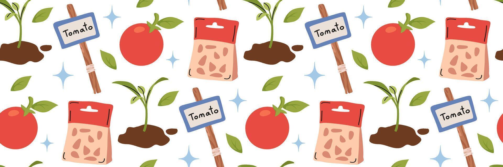 groeit tomaten naadloos patroon. landbouw landbouw items zaad, zaailingen, teken met inscriptie. groeit groenten. achtergrond voor textiel, achtergronden, omhulsel papier, winkels. vector illustratie