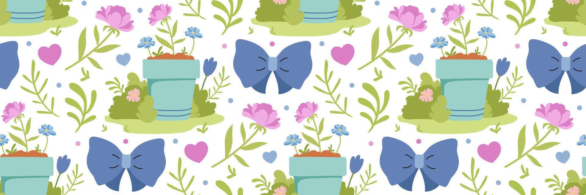 voorjaar pot met bloemen patroon. boog en bloemen. huis tuin samenstelling. bruiloft achtergrond in rustiek stijl. voorjaar of zomer decoratie. voor textiel, behang, uitnodiging. vector vlak illustratie